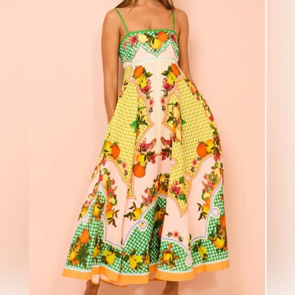 Caroline Constas Fruit Picnic Print Midi Sun Dress Resortwear Cottage NWT Sz S